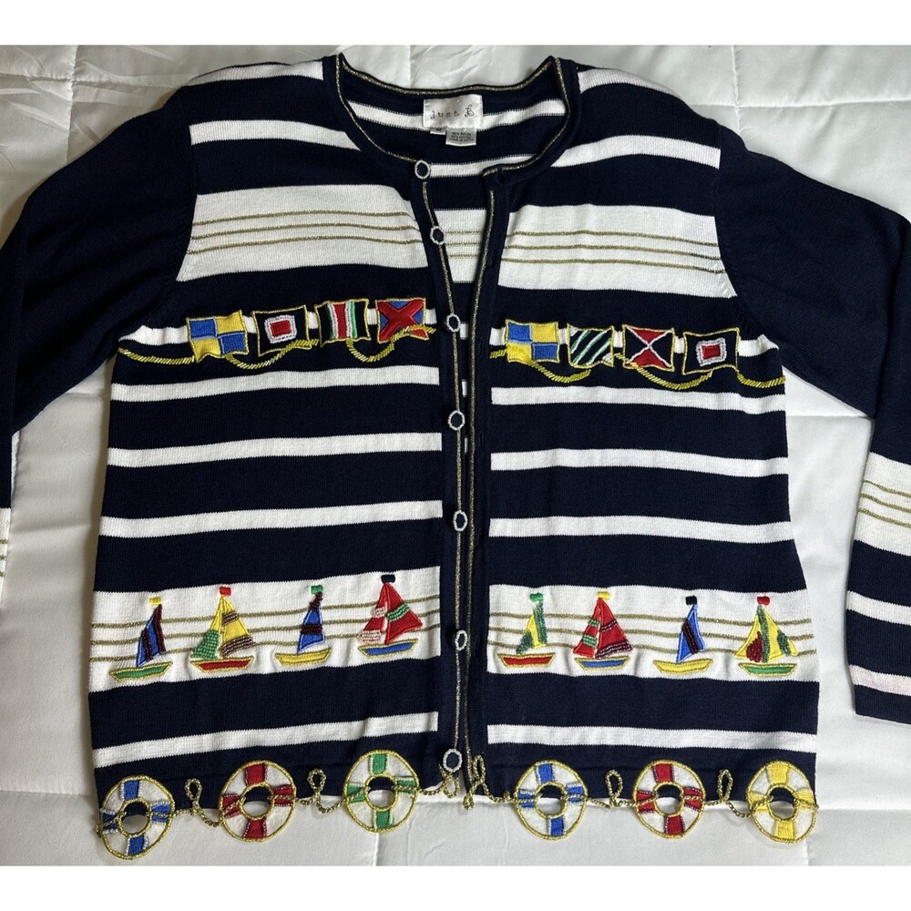 Vintage Just B Nautical Beaded Sailboat Flags Striped Cardigan Sweater Medium